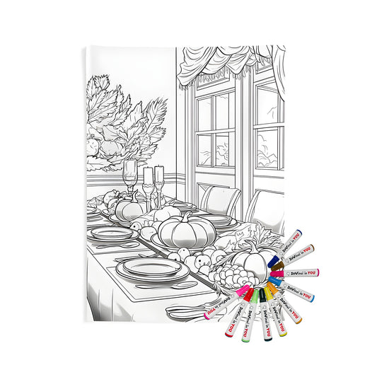 A beautiful Thanksgiving dinner tablecloth wall tapestry with vibrant details of pumpkins, candles, and elegant dinnerware