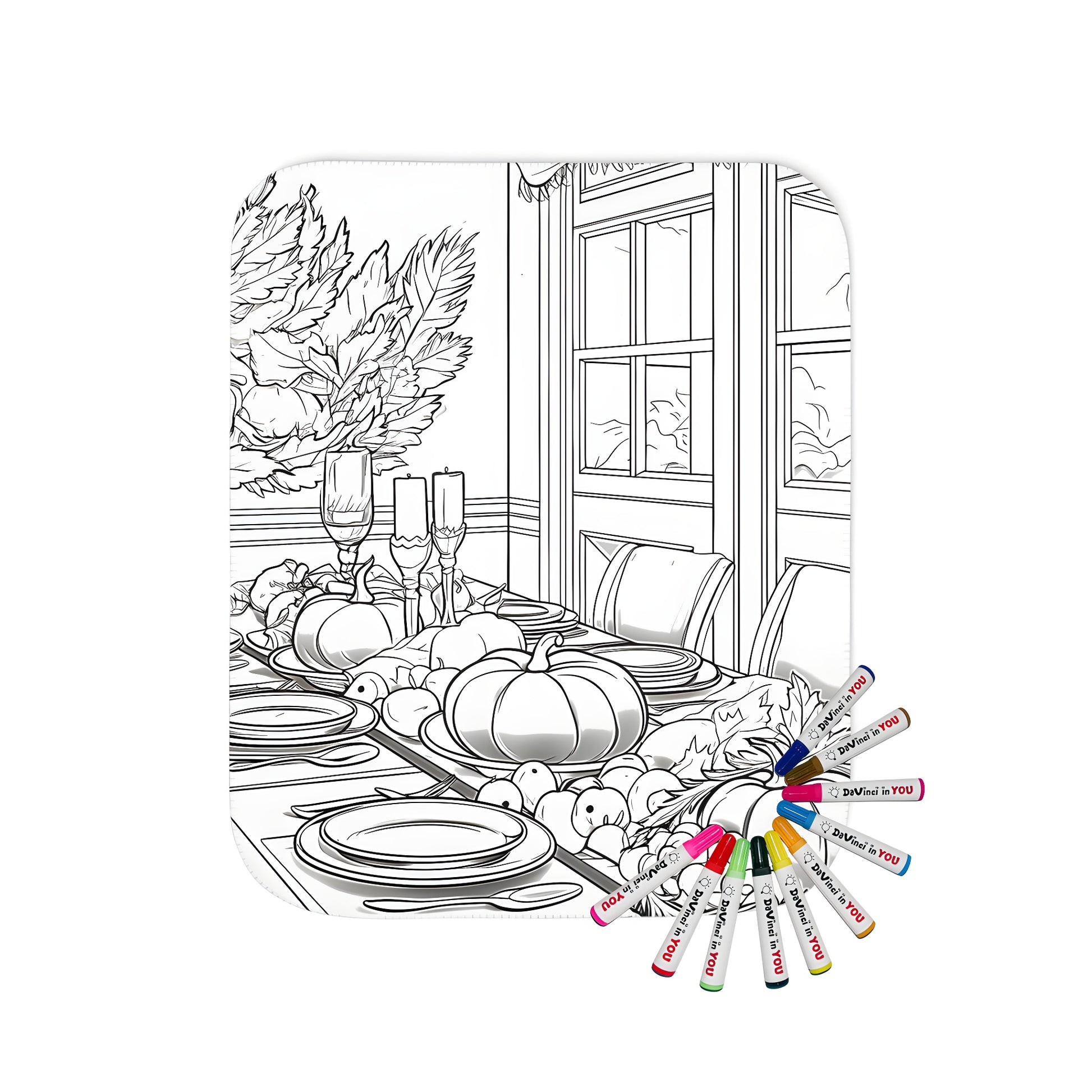 Cozy blanket featuring a detailed adult coloring page design of a harvest dinner table scene with pumpkins, candles, and elegant dining decor