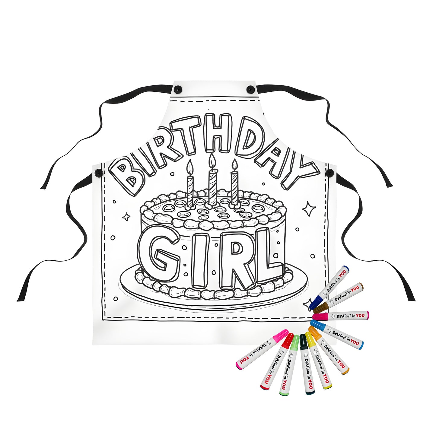 Apron with colorful birthday cake design featuring candles and 'Birthday Princess' theme