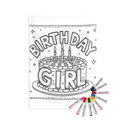 Indoor wall tapestry birthday party decor featuring an outlined illustration of a cake with candles and 'Birthday Girl' lettering