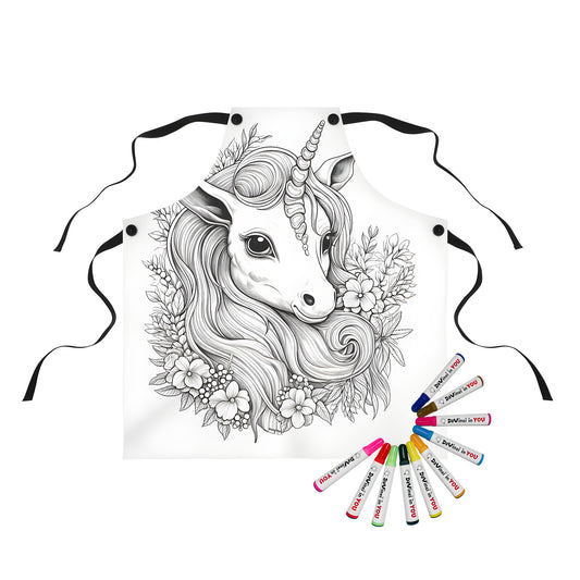 Coloring apron featuring a detailed black and white line art of a unicorn surrounded by intricate floral elements, perfect for kids and adults alike.