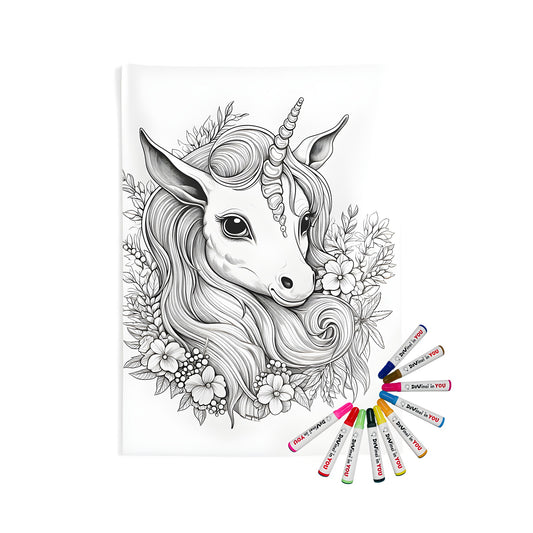 Indoor wall tapestries, unicorn with floral elements, home decor art