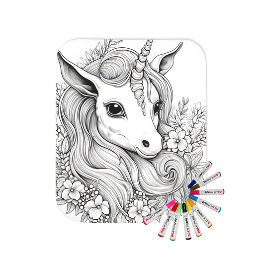 Blanket with whimsical unicorn and flower design