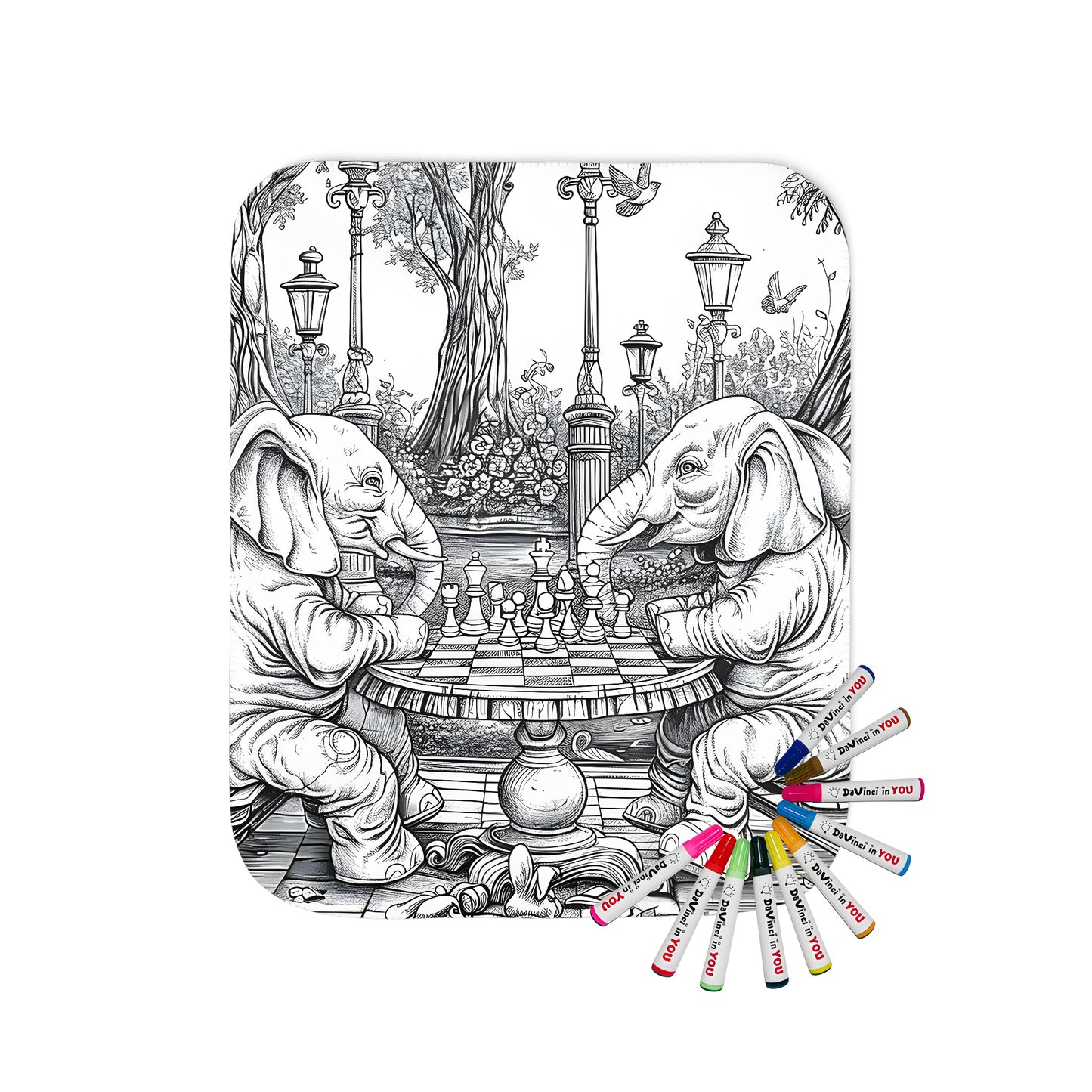 Blanket featuring a whimsical chessboard scene of two pachyderms sitting on benches playing a game, surrounded by trees, lampposts, birds, and bunnies