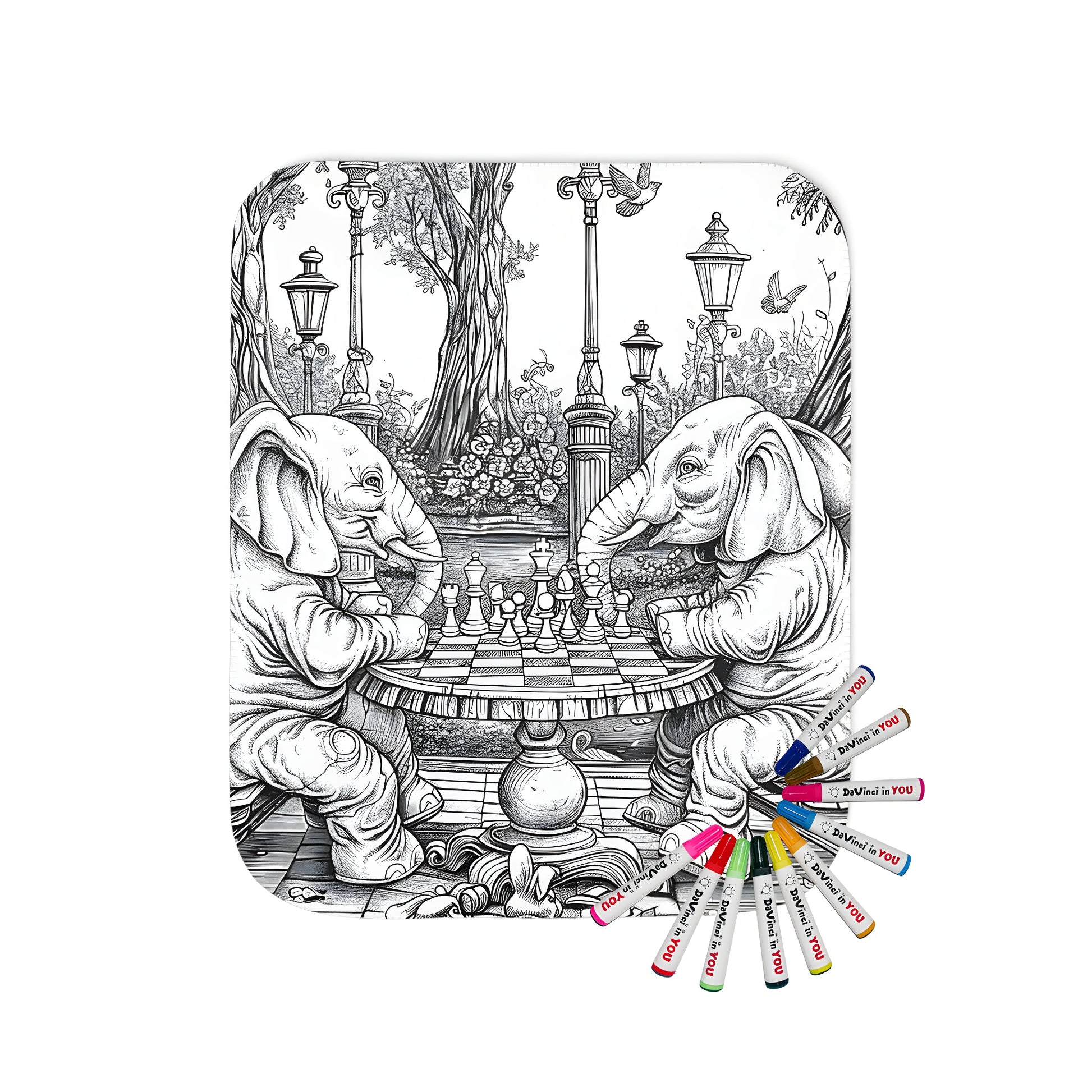 Blanket featuring a whimsical chessboard scene of two pachyderms sitting on benches playing a game, surrounded by trees, lampposts, birds, and bunnies