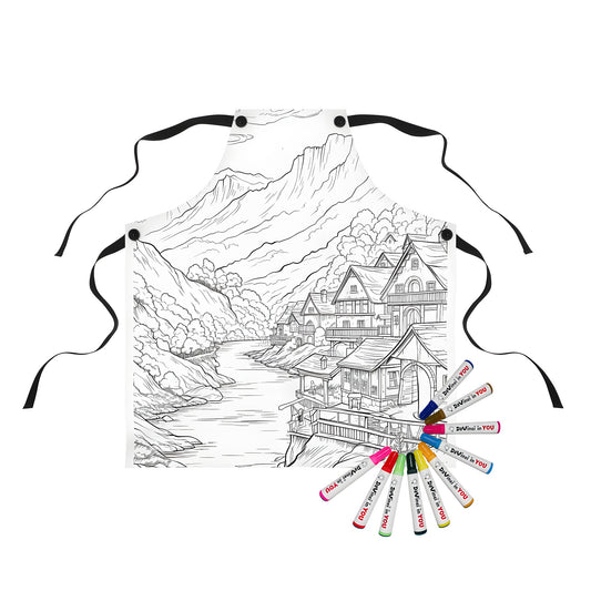 Colorful apron featuring an artistic illustration of a village by a river with mountains and trees