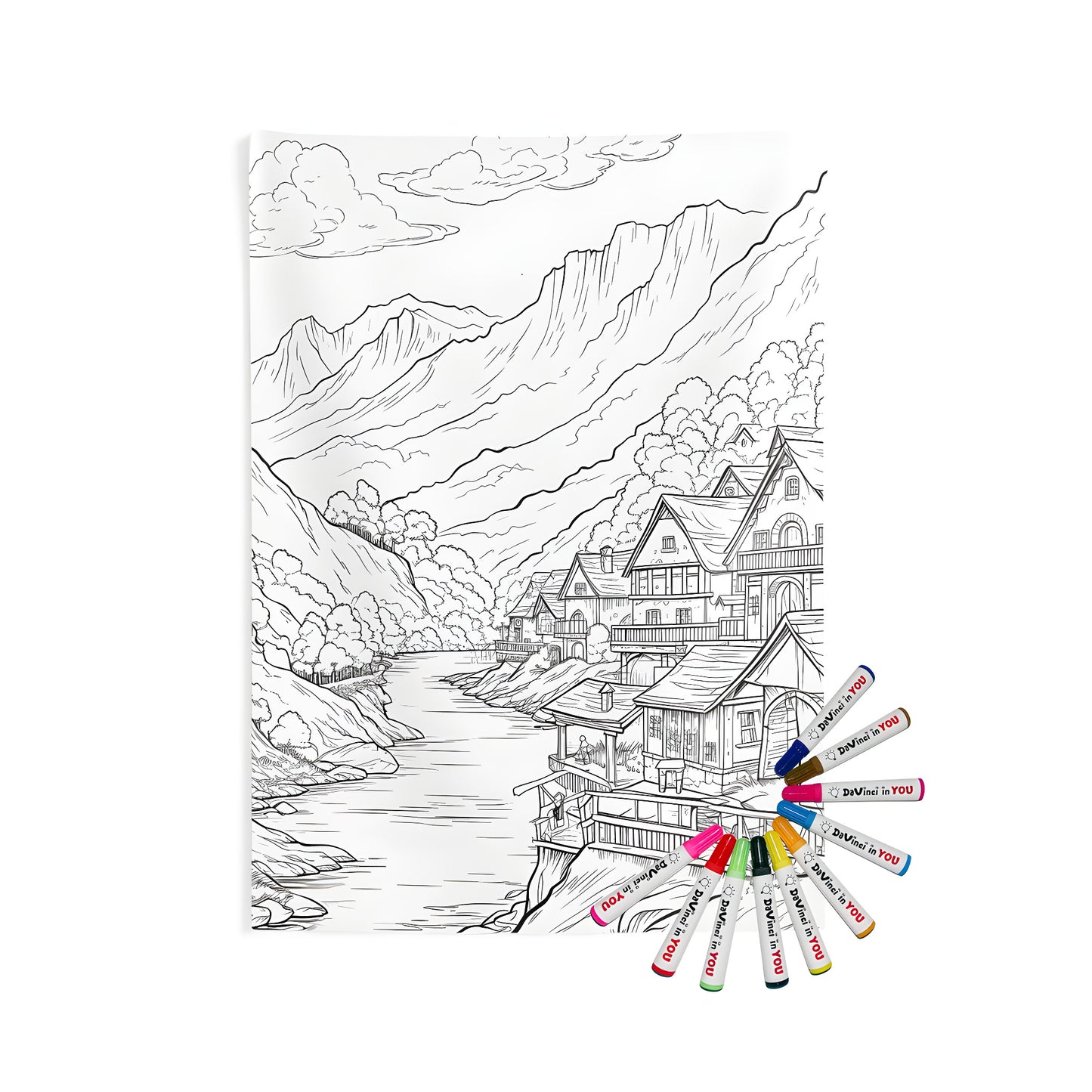Indoor wall tapestries with village scene, river, mountains and trees - cozy home decor