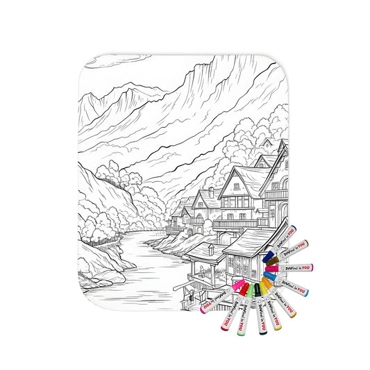 Cozy blanket with detailed black-and-white village scene featuring mountains, river, and trees