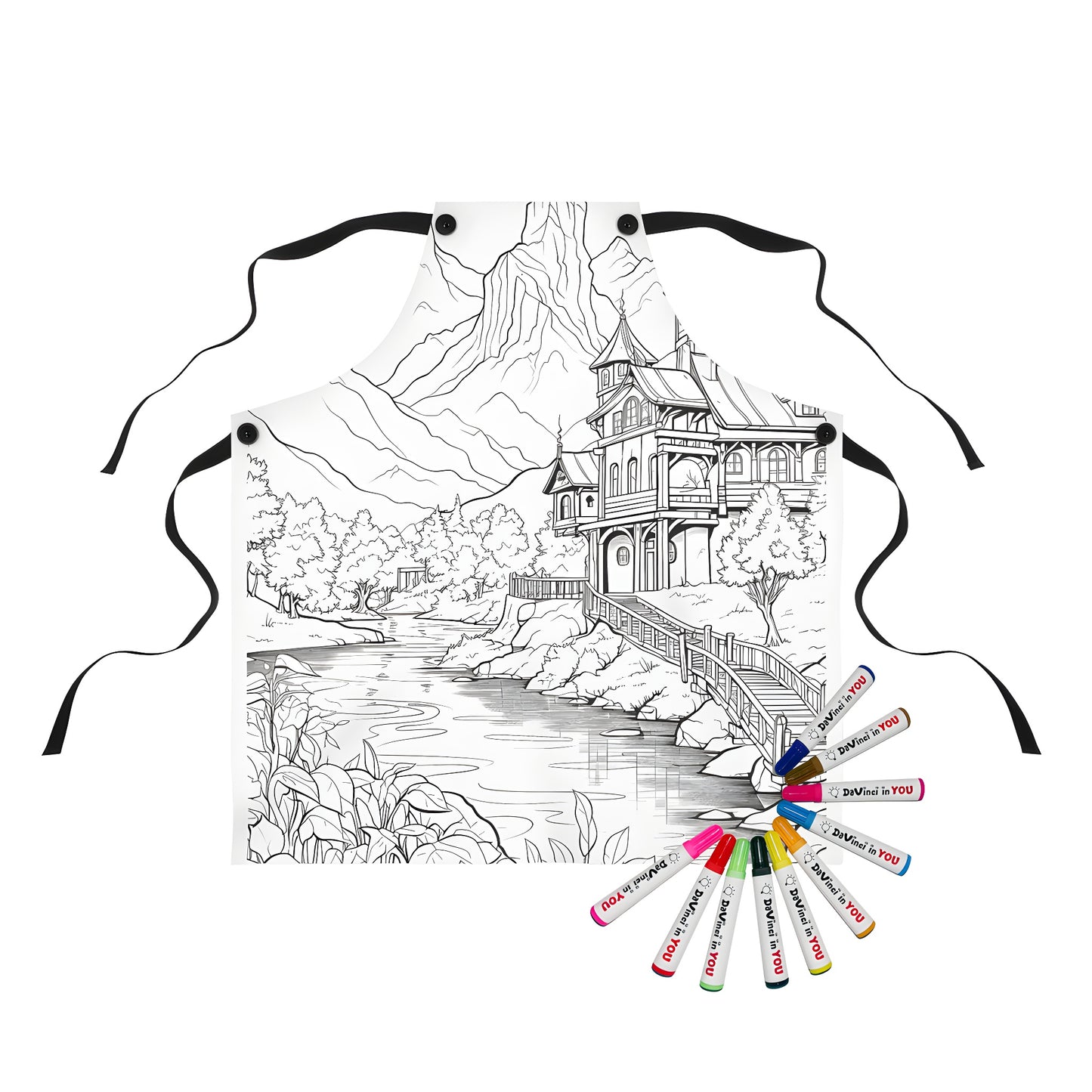 Intricate line-drawn mountain scene apron with building and bridge