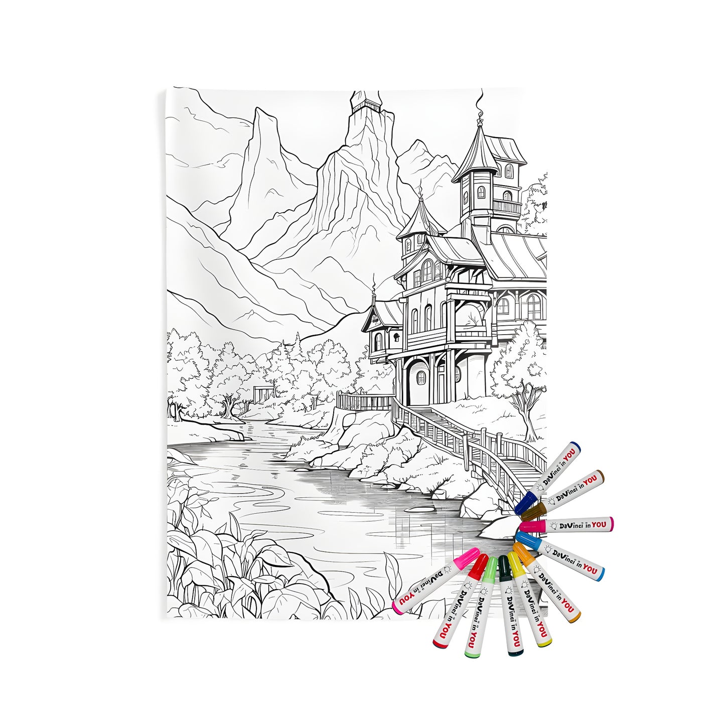 Intricate line-drawing of a mountain landscape with house and bridge surrounded by trees, indoor wall tapestries for home decor