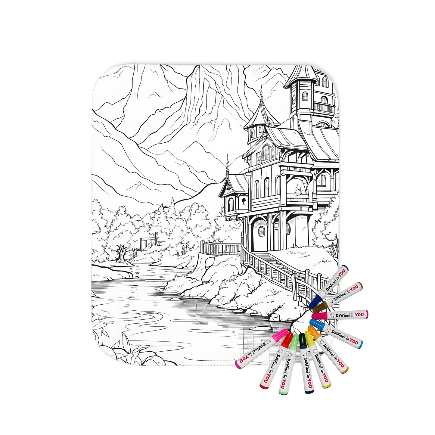 Coloring blanket with detailed mountain landscape and building design