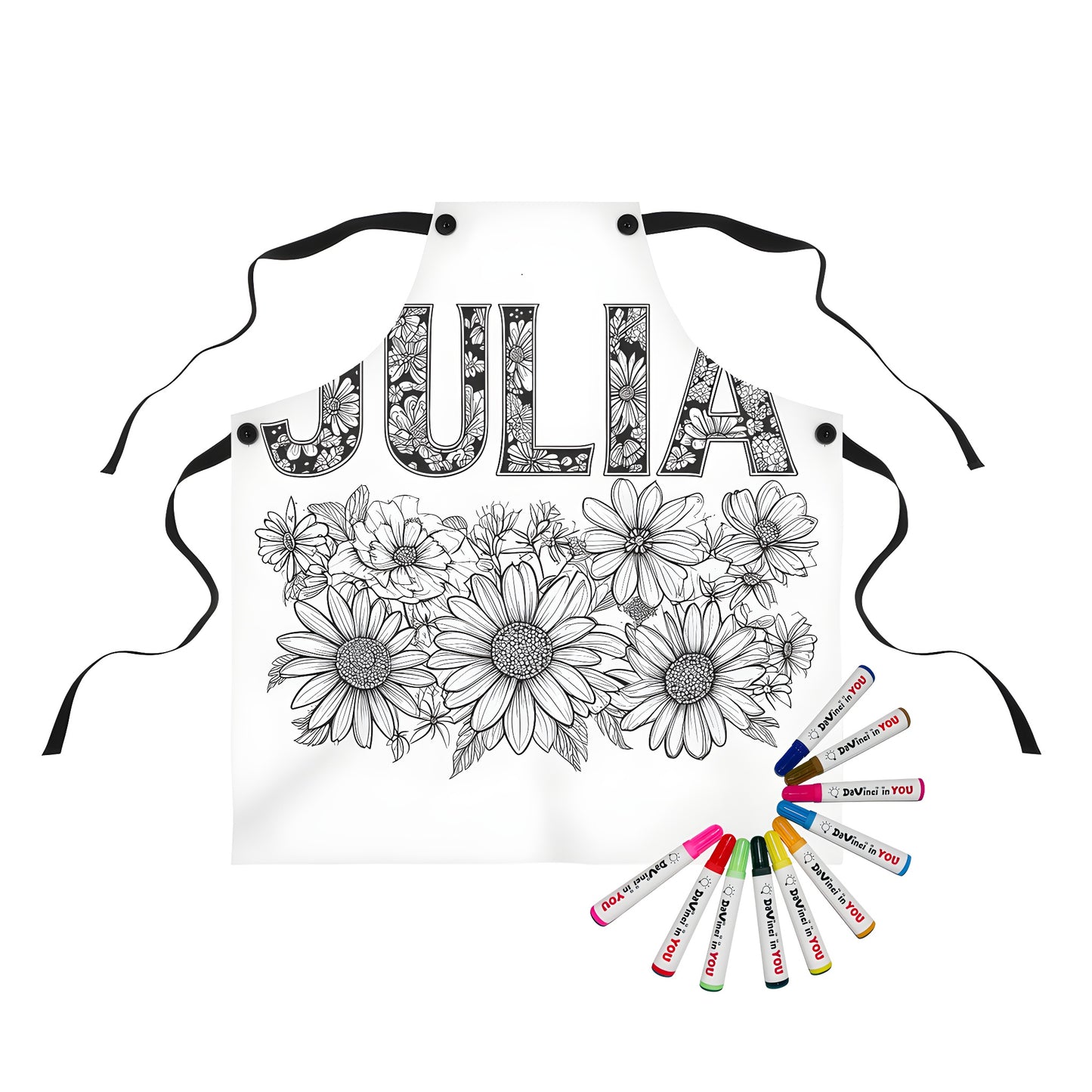 Colouring Apron with 'JULIA' design, floral patterns and black line art