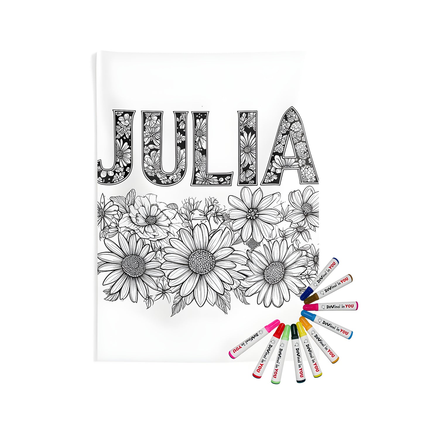 Indoor wall tapestries coloring kit with 10 fabric markers featuring a black and white line art image of a girl's name 'JULIA' surrounded by intricate floral patterns and flowers, perfect for decoration or personalized gift