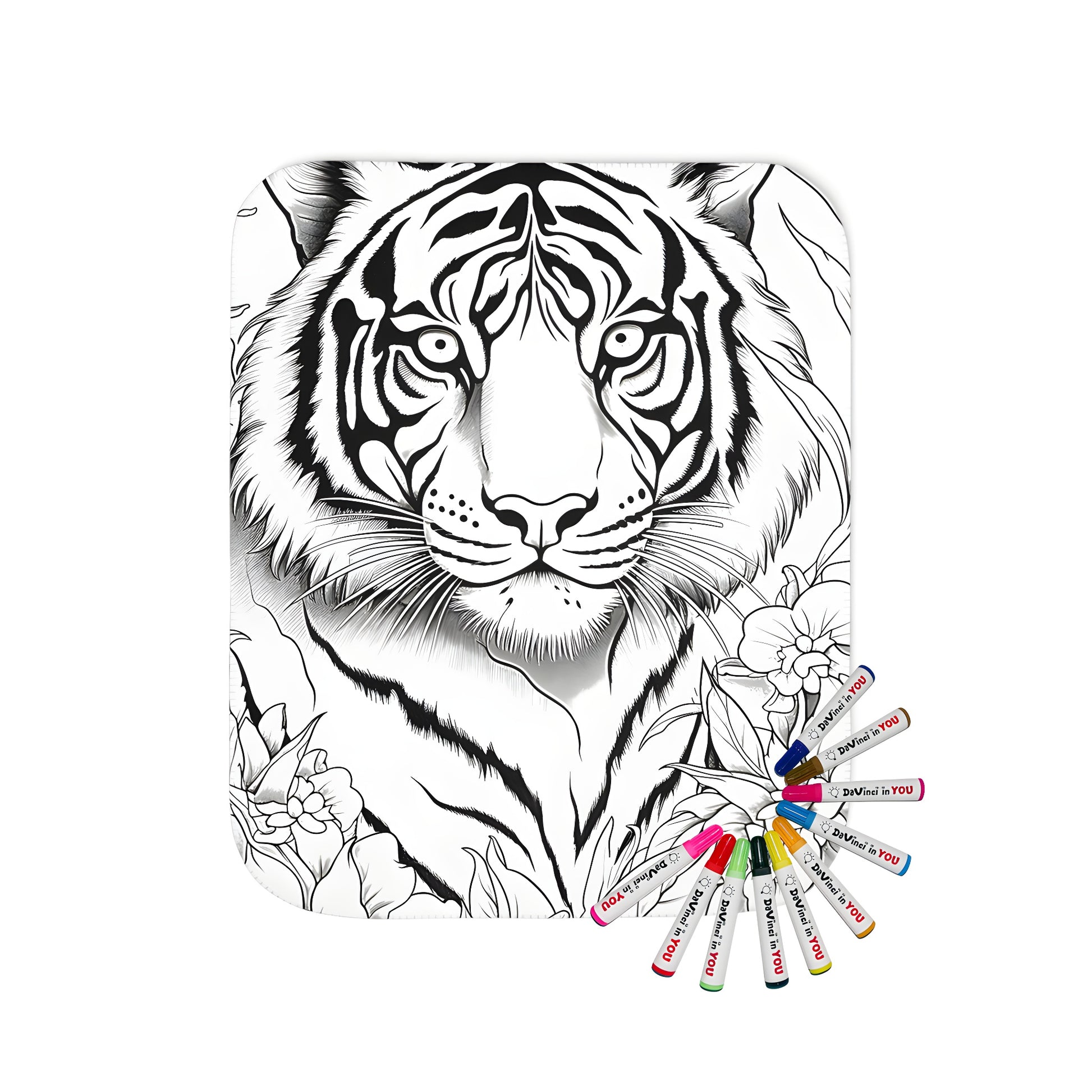 Coloring page inspired blanket design featuring majestic tigers amidst flowers and leaves