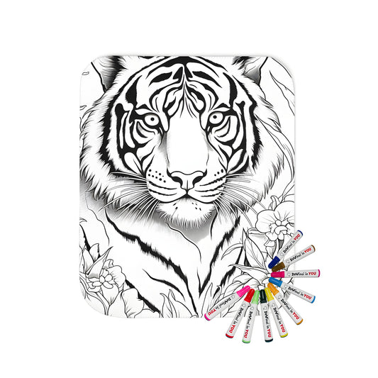 Coloring page inspired blanket design featuring majestic tigers amidst flowers and leaves