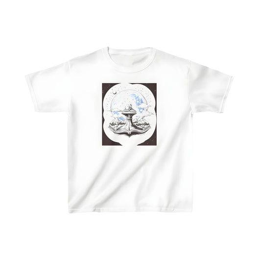 Colorful kid's t-shirt featuring an imaginative landscape of a person reading on top of an open book with magical elements, including stars, moon, clouds, trees, and mountains.