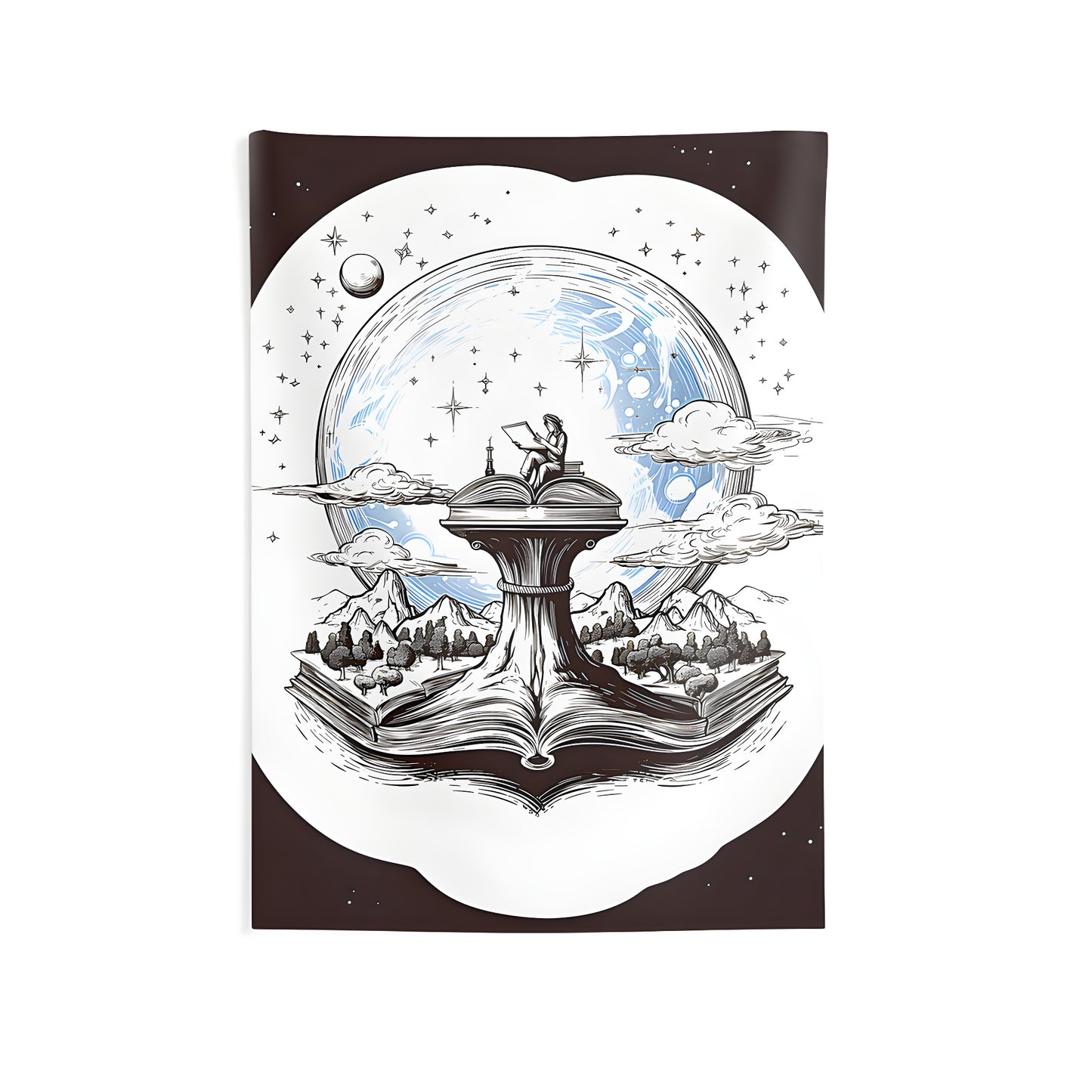 Indoor wall tapestry with a magical reading realm design, featuring a person on top of an open book with celestial elements like stars, moon, clouds, trees, and mountains