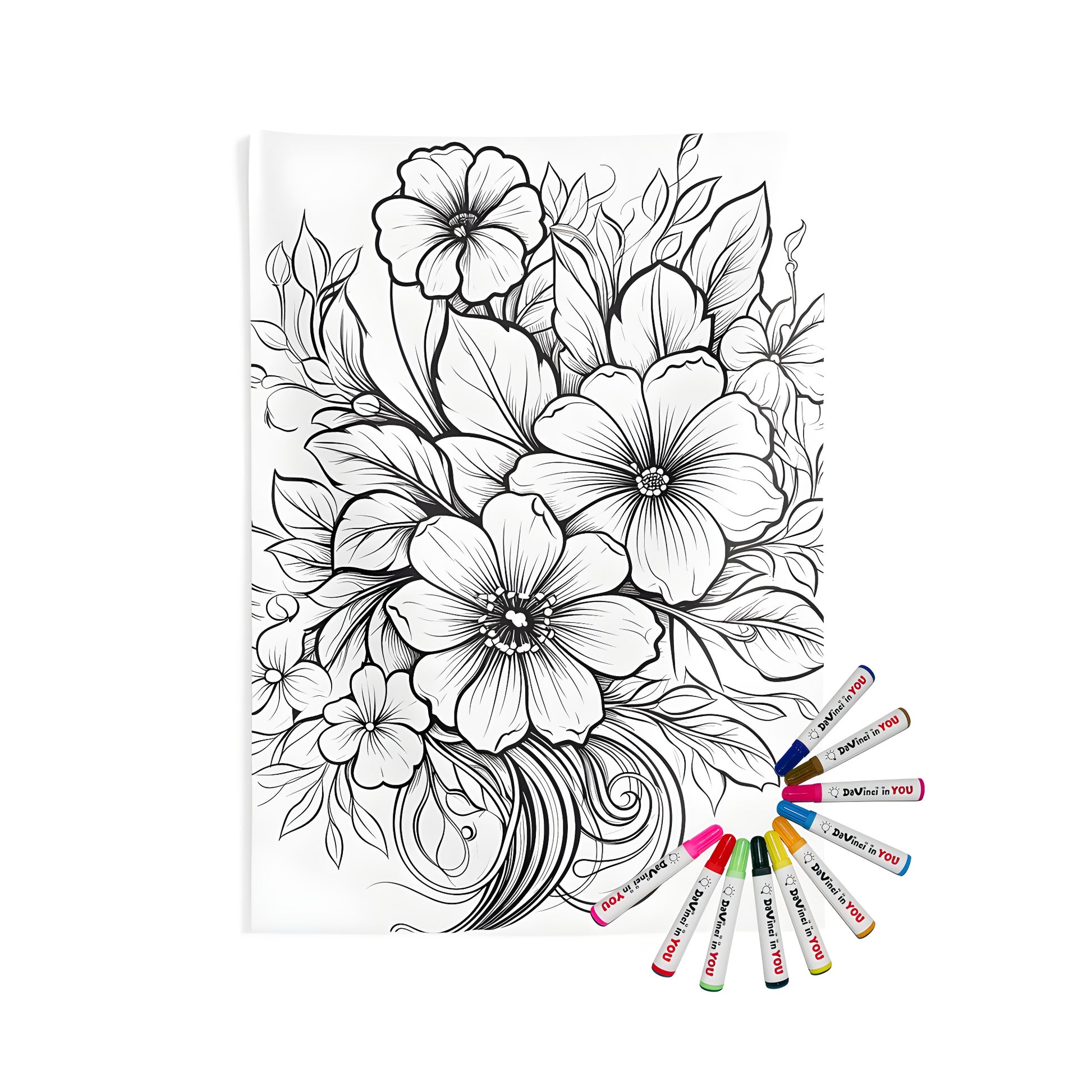 Intricate floral wall tapestry with detailed black and white outline design, ideal for adult coloring enthusiasts. Perfect indoor decor item.