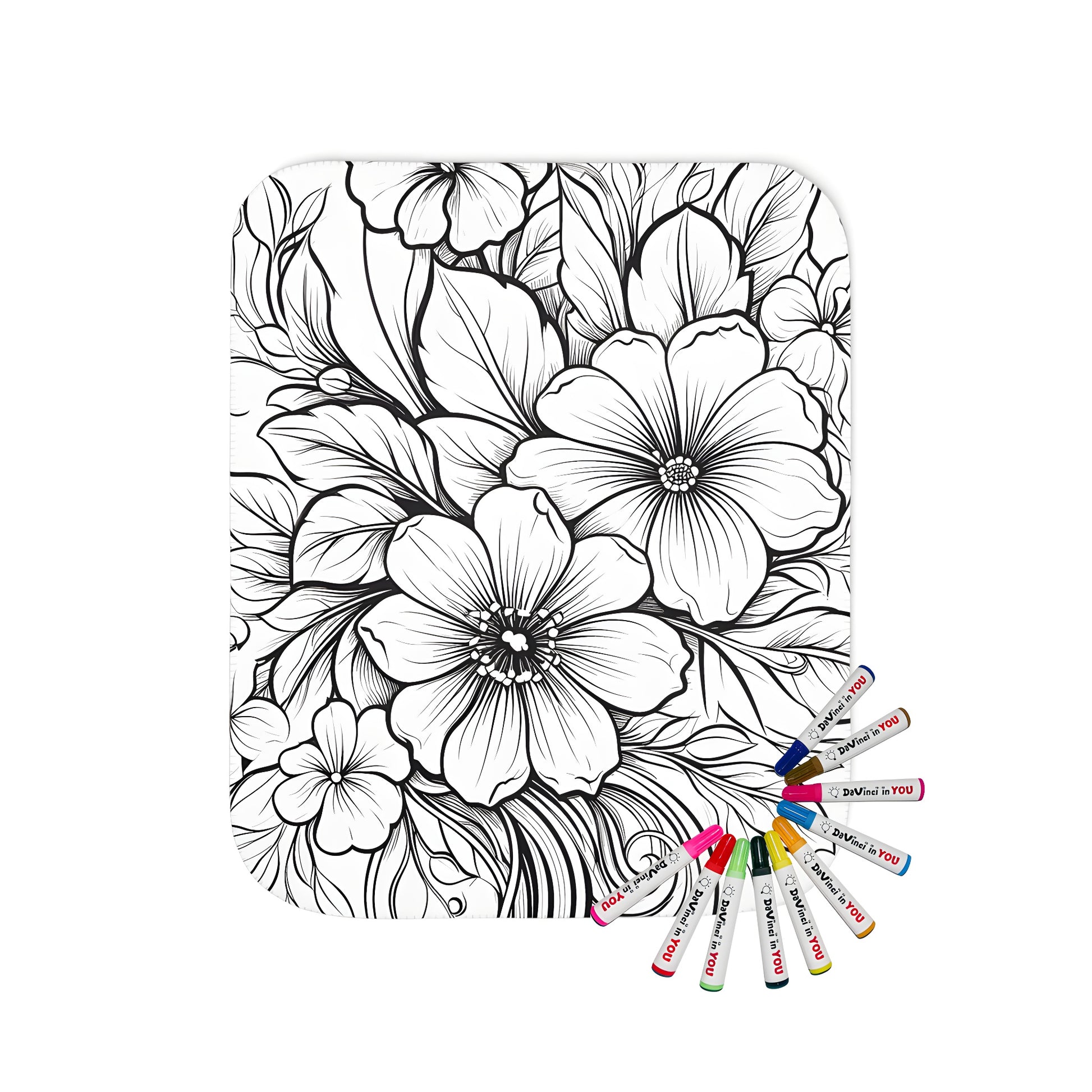 Coloring blanket with intricate flower and leaf design, perfect for adult coloring enthusiasts