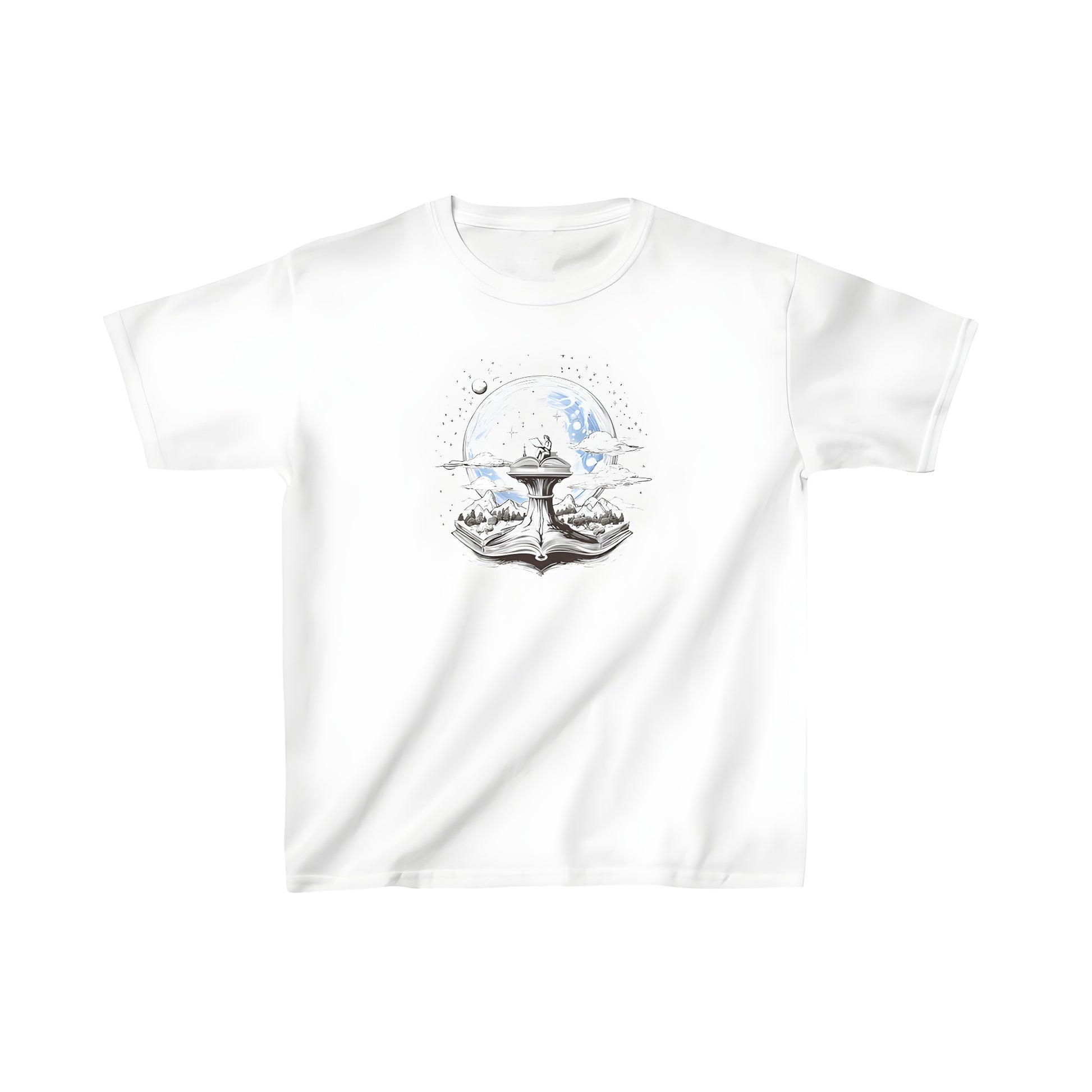 Kid's T-shirt with whimsical person reading atop giant book illustration in magical landscape background featuring stars, clouds, mountains, and large moon