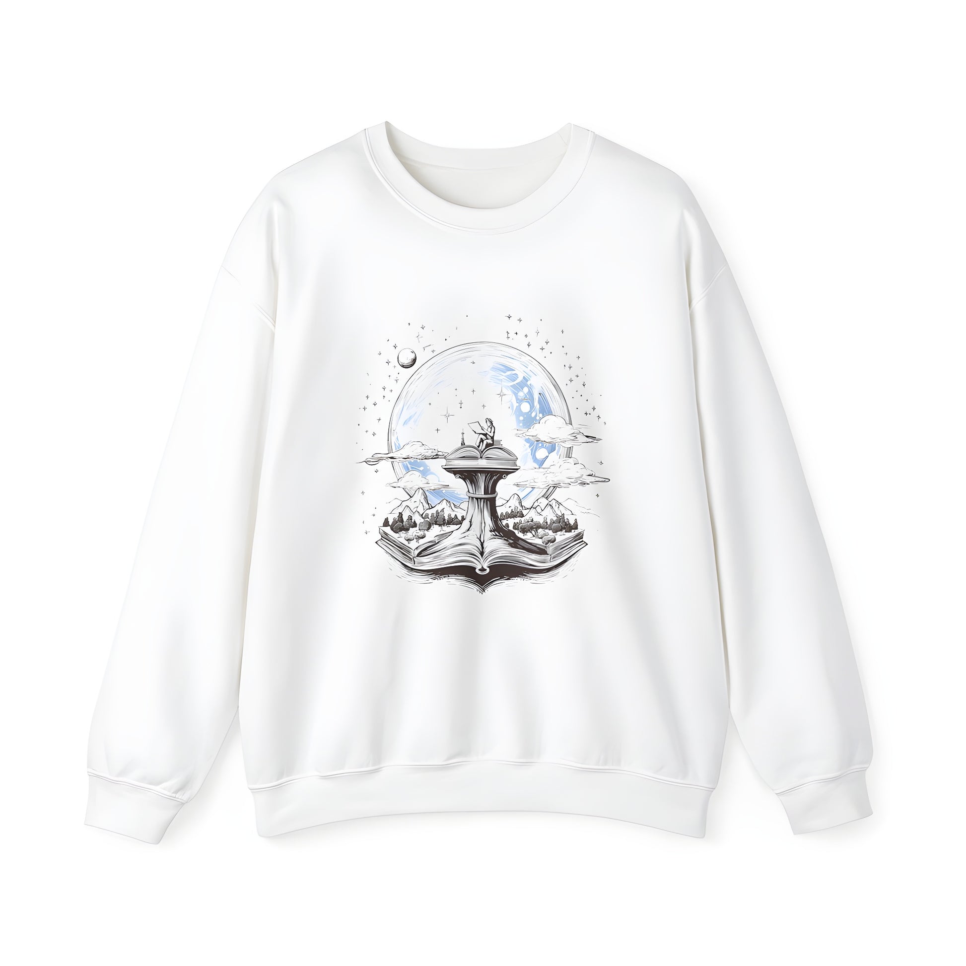 Adult sweatshirt featuring an enchanting illustration of magical worlds, with a person reading atop a giant book in a whimsical landscape against a starry night sky with clouds, mountains, and a full moon.