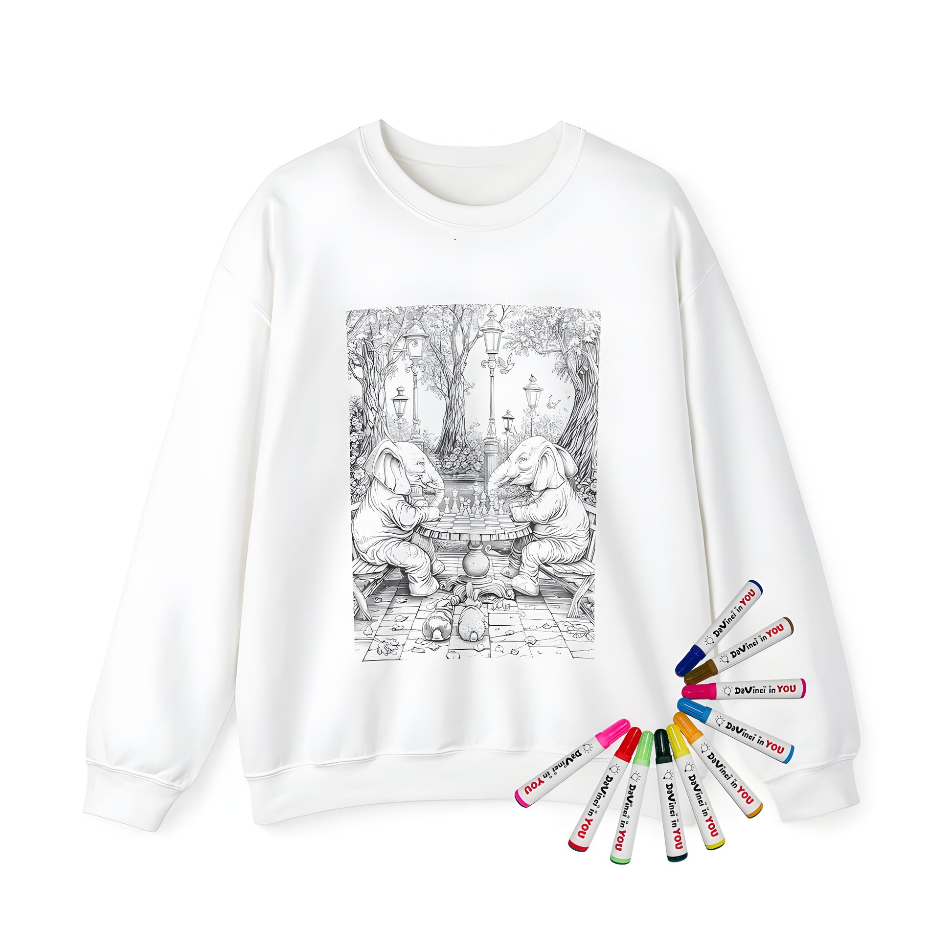 Adult sweatshirt featuring a unique elephants playing chess design on a coloring page theme, made from high-quality fabric markers. Includes 10 vibrant markers for creating custom artwork.