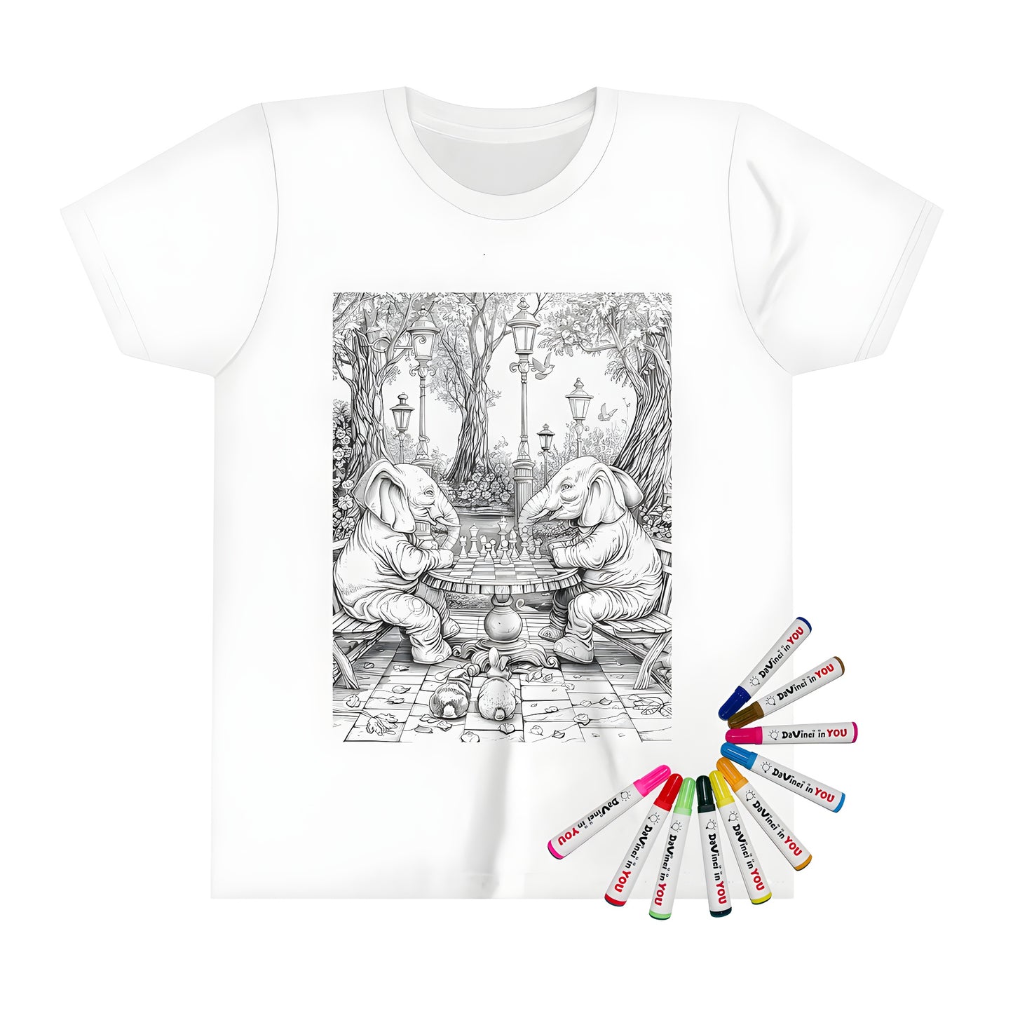 Kid's T-shirt featuring Two elephants playing chess in a forest scene