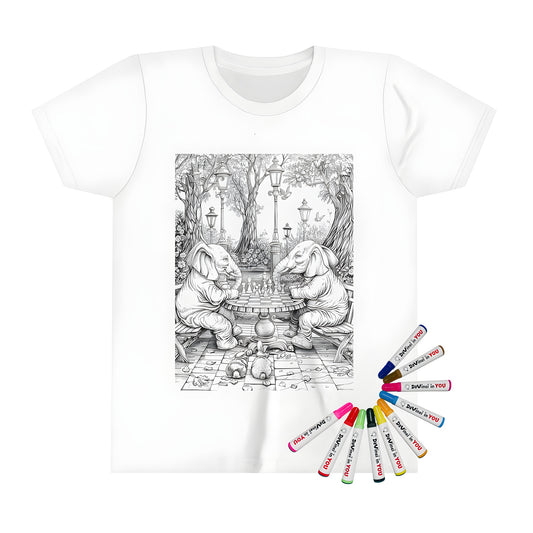 Kid's T-shirt featuring Two elephants playing chess in a forest scene