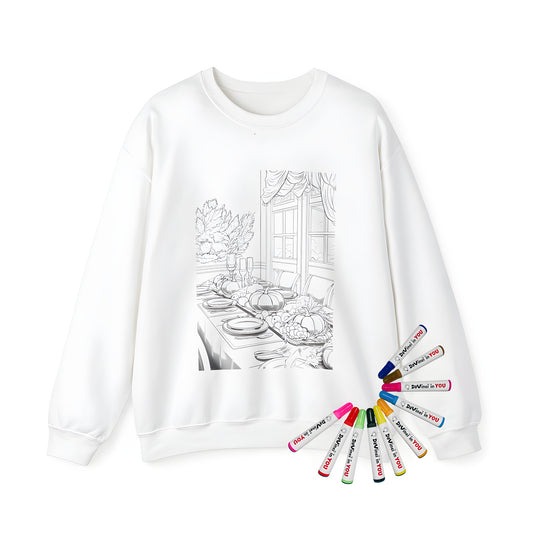 Adult sweatshirt featuring a detailed coloring page design of a harvest feast table with pumpkins and elegant dinnerware