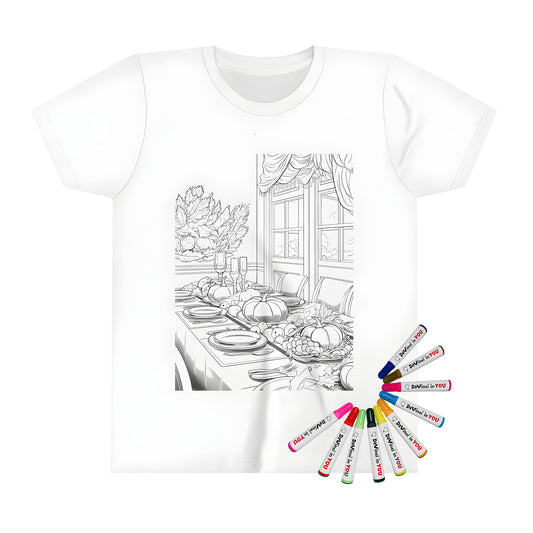 Thanksgiving dinner themed kid's t-shirt with colorful fabric markers