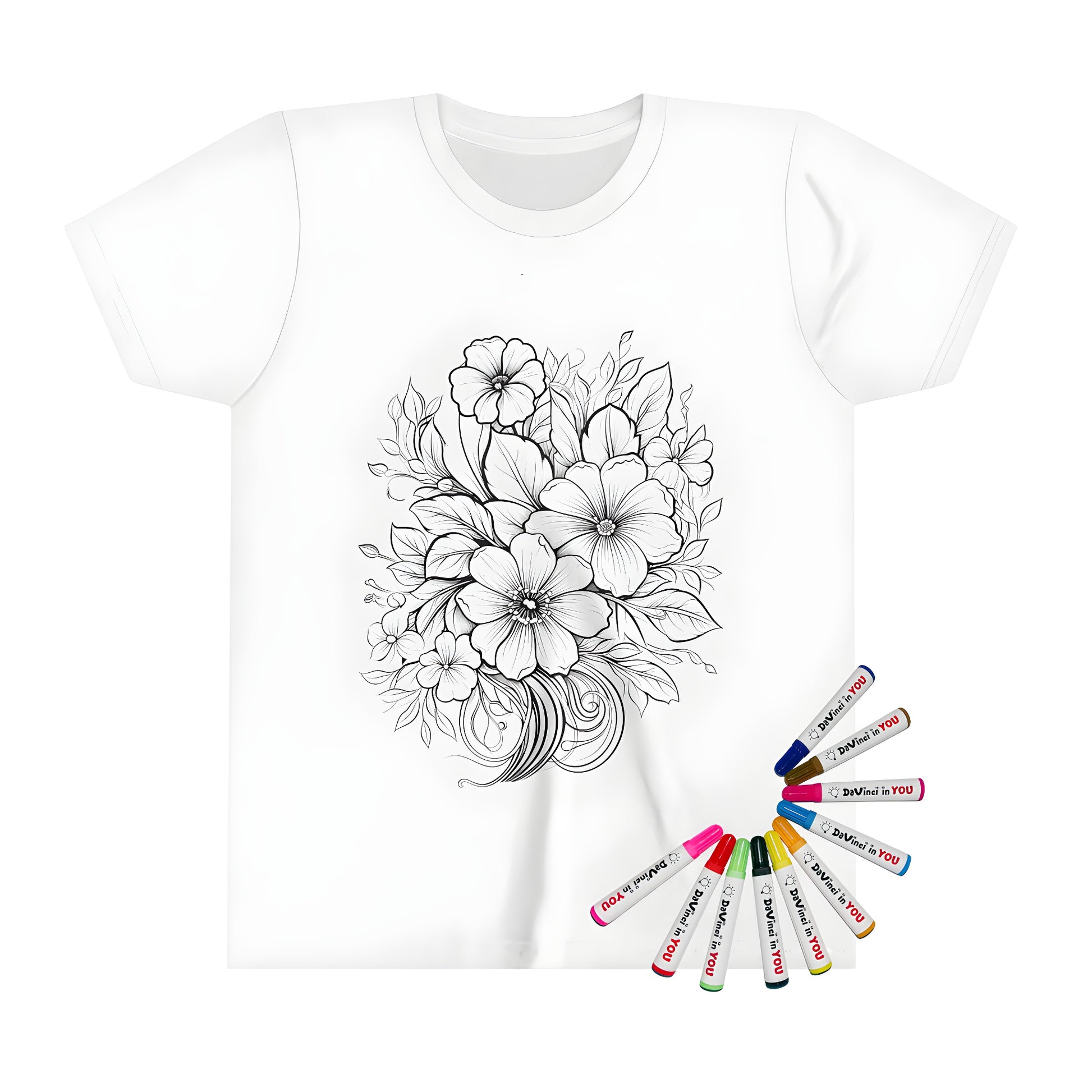 Coloring book shirt with intricate black and white flower designs for kids