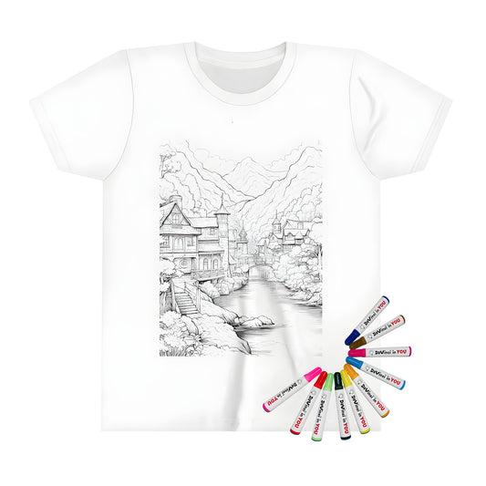 Coloring page of A medieval castle scene featuring castles by a river, surrounded by trees and mountains in a black and white illustration printed on a kid's t-shirt