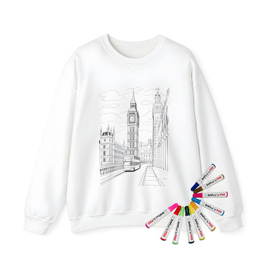 Adult sweatshirt featuring a detailed line drawing of Big Ben and surrounding London architecture with a double-decker bus in the foreground, perfect for fans of landmarks like monument, icon, or tourist attraction.