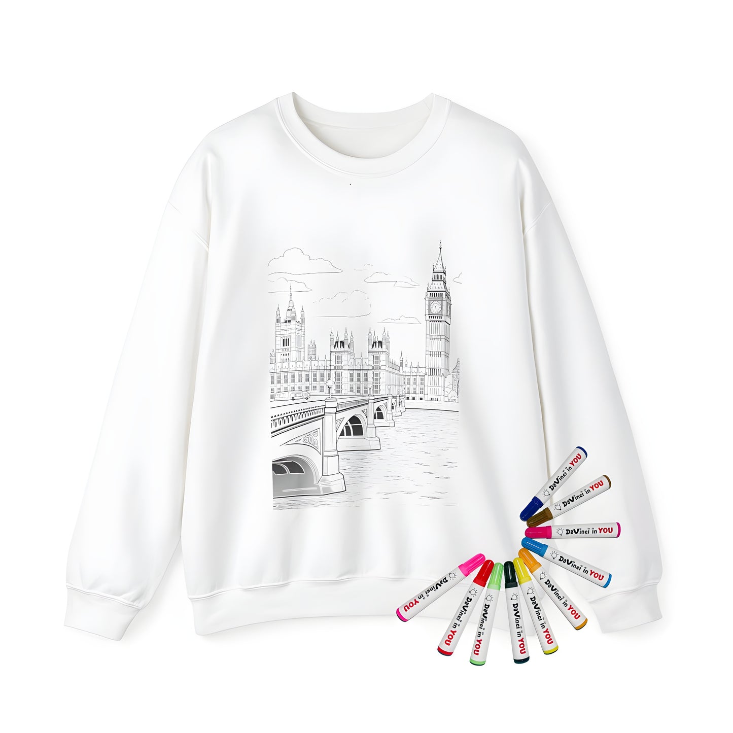 Adult sweatshirt with an intricate design of Big Ben, Westminster Bridge, and the Thames River under a cloudy sky - London souvenir apparel