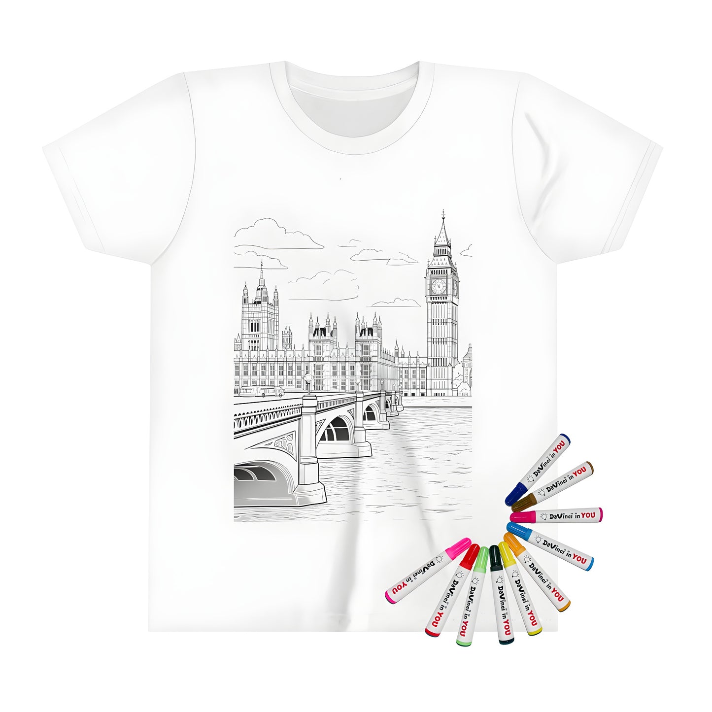 Kid's London-themed T-shirt with coloring page artwork of Big Ben, Westminster Bridge and Thames River