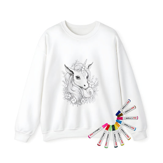 Adult Sweatshirt featuring colorful unicorn and floral patterns