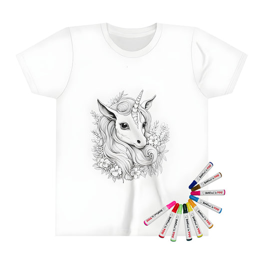 Coloring kit kid's t-shirt with unicorn and flower design