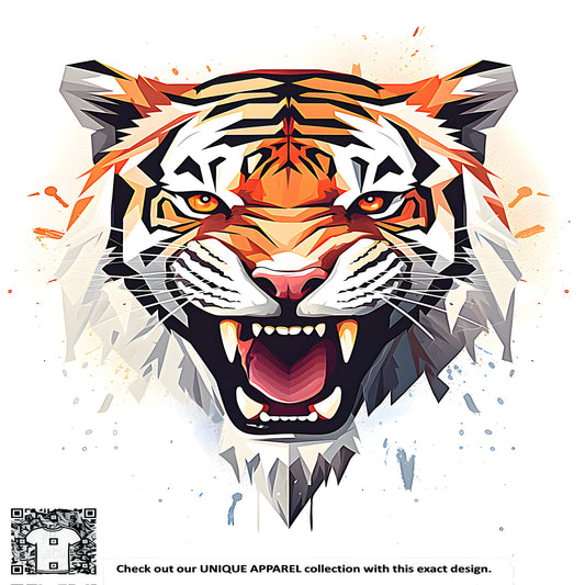 A vibrant colorful graphic design featuring an energetic, fierce, mighty roaring tiger with bold colors and abstract patterns.