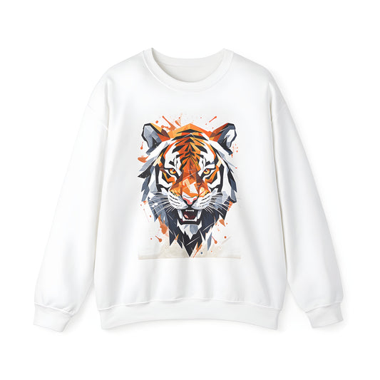 Adult sweatshirt featuring a vibrant geometric art piece depicting a majestic cougar design, abstract feline details, and colorful splashes.