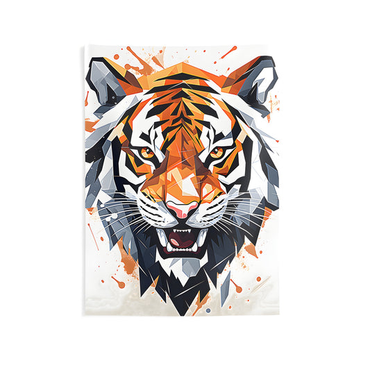Colorful graphic design indoor wall tapestry featuring a fierce lioness or wildlife feline print