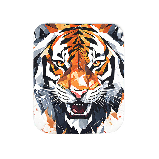 A vibrant blanket featuring a colorful geometric art piece depicting the head of a fierce cat, also known as a wild beast or majestic animal, with abstract details and splashes of color.