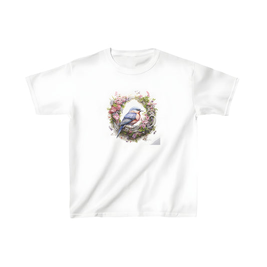 Colorful graphic t-shirt design of blue bird in floral wreath, kid's apparel