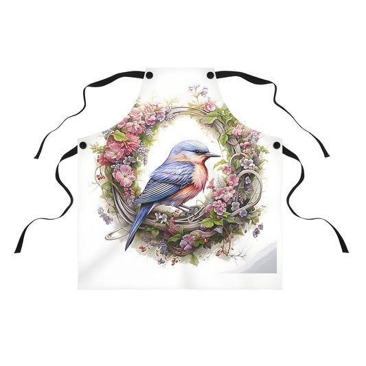 Colorful graphic design apron featuring a vibrant bluebird illustration within a floral wreath pattern