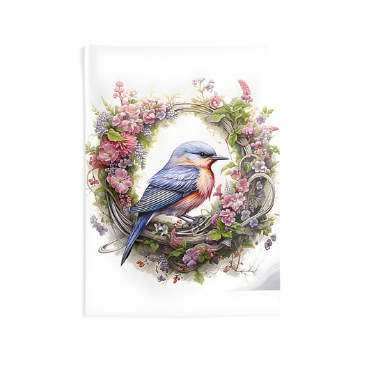 Indoor wall tapestry featuring colorful graphic design of a bluebird in floral wreath, vibrant illustration with pastel hues