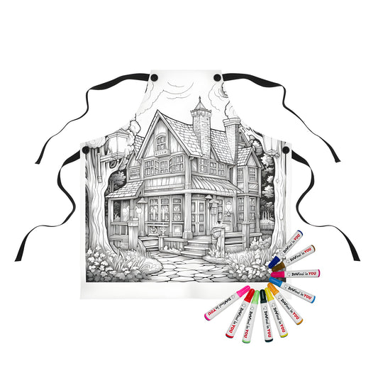 Coloring apron with detailed drawing of Victorian-style wooden house surrounded by trees and garden