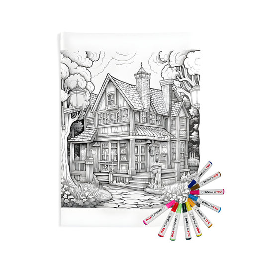 Detailed drawing of a victorian-style wooden house surrounded by trees, lamp posts and garden along stone pathway on an indoor wall tapestry, includes fabric markers