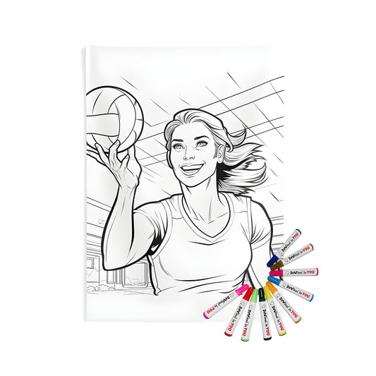 Indoor wall tapestries depicting a woman playing volleyball, with vibrant colors and fabric markers