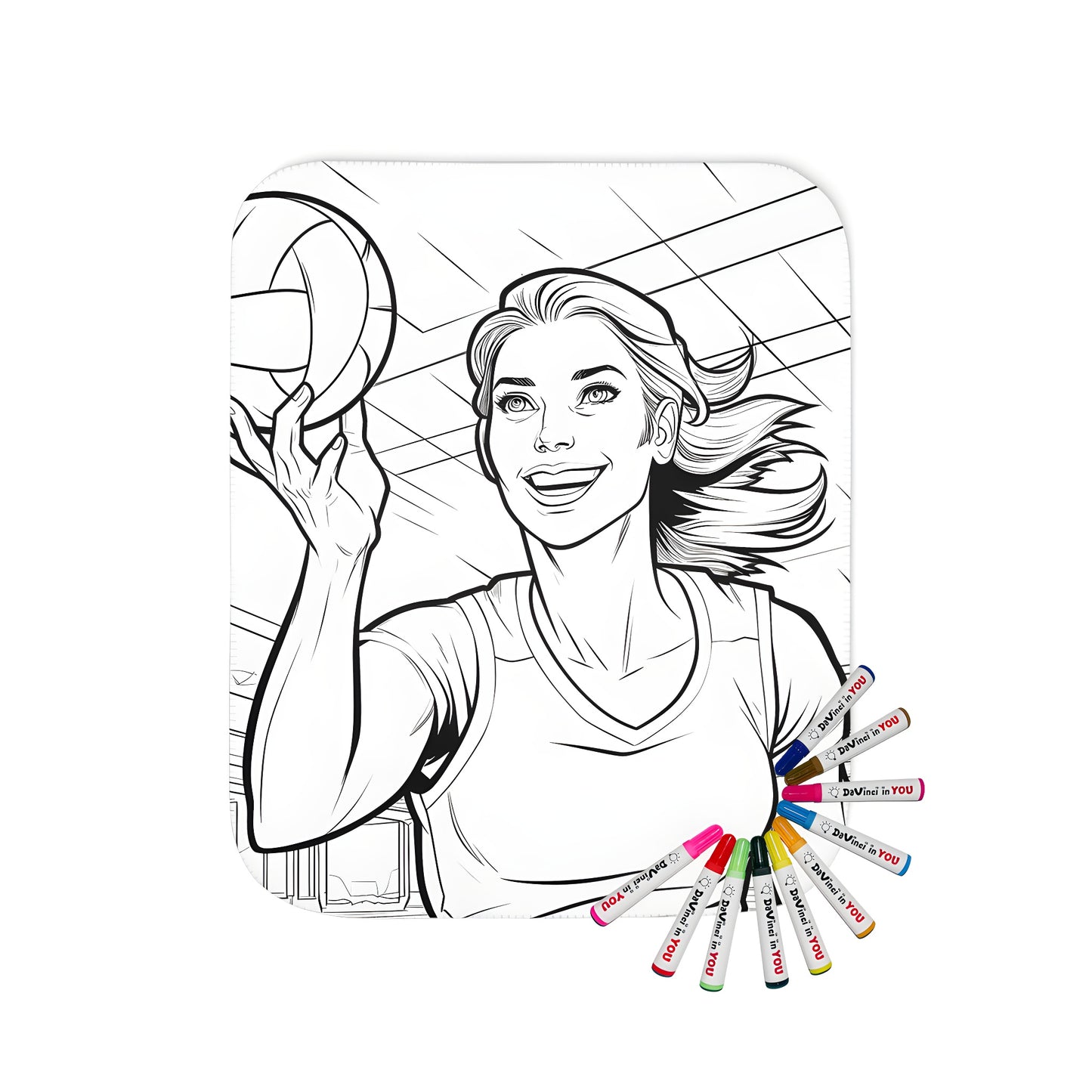 Coloring kit for adult coloring enthusiasts featuring a vibrant blanket with a smiling woman playing volleyball