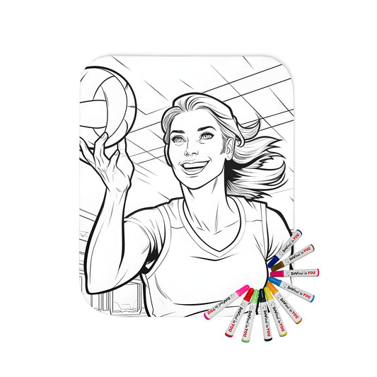 Coloring kit for adult coloring enthusiasts featuring a vibrant blanket with a smiling woman playing volleyball