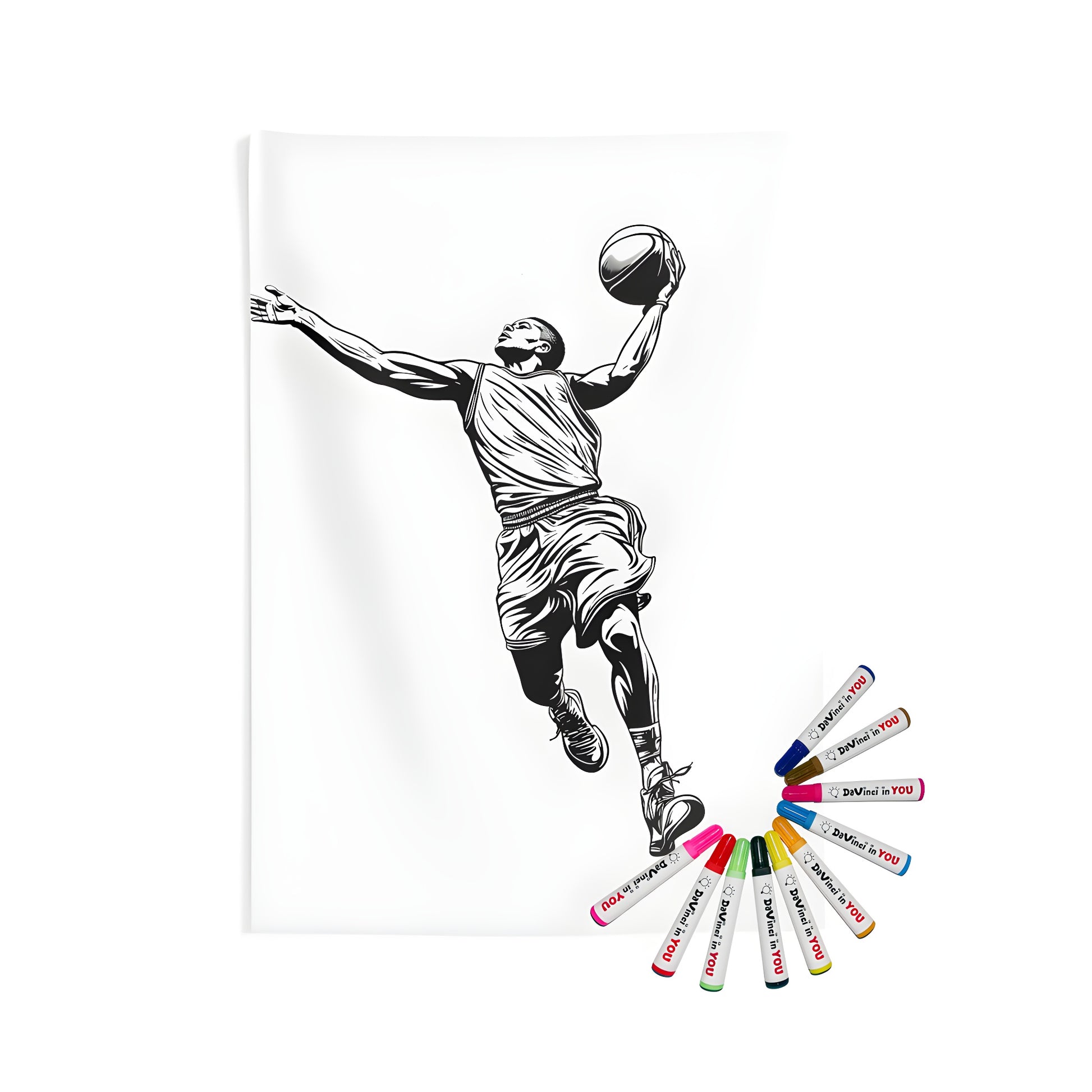 Basketball player leaping to dunk, Indoor Wall Tapestries, Coloring Kit, Fabric Markers